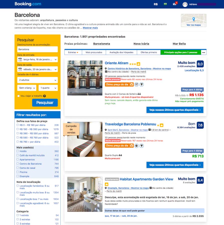 Listas de Opções antes dos Filtros em como reservar um hotel